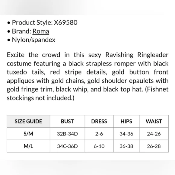 NEW Roma Ravishing Ringleader 4 PC Costume Set Sexy Circus Ring Leader S/M Yandy - Picture 8 of 8